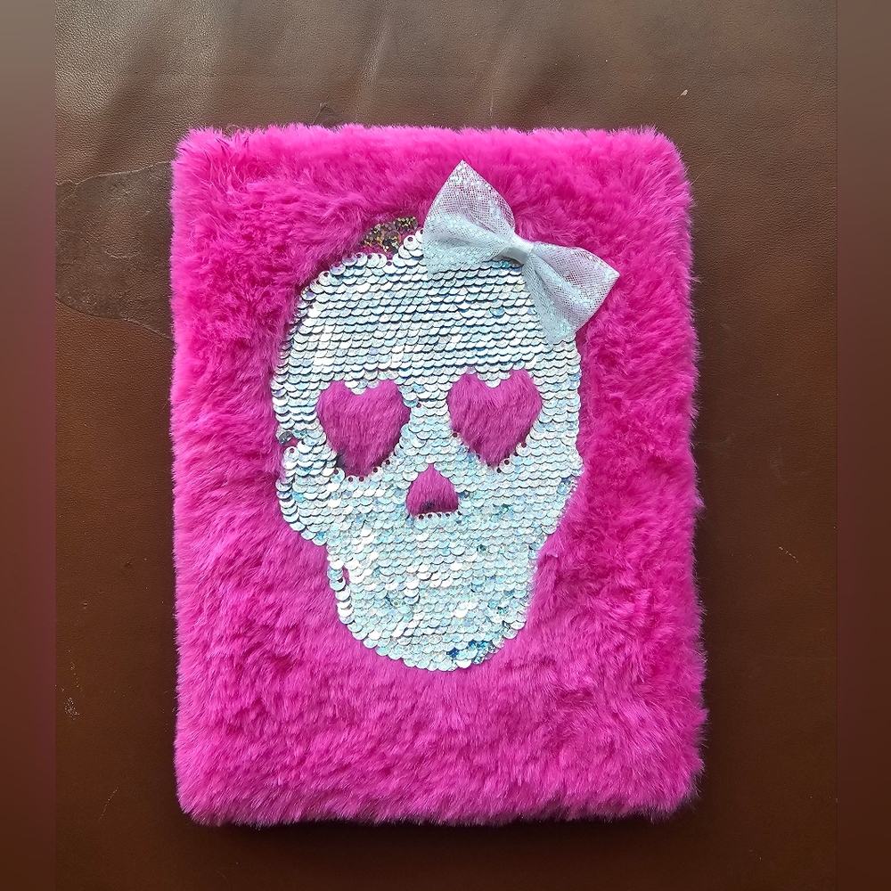 NWOT hot pink fuzzy faux fur lined paged notebook for Halloween goth festive